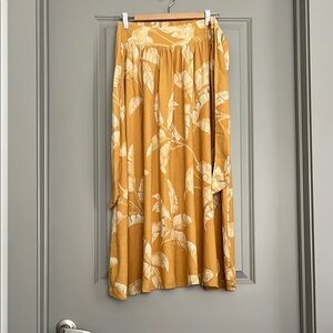 Golden Yellow Linen A-Line Palm Print Midi Skirt with Waist Tie
